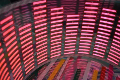 Red glowing plastic equalizer, electronics glowing to the music. 스톡 사진