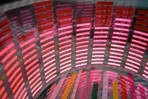 Red glowing plastic equalizer, electronics glowing to the music. 스톡 사진