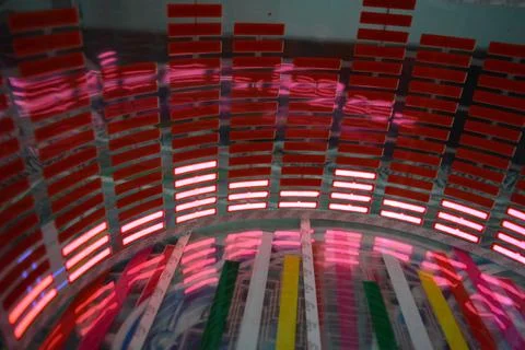 Red glowing plastic equalizer, electronics glowing to the music. 写真素材