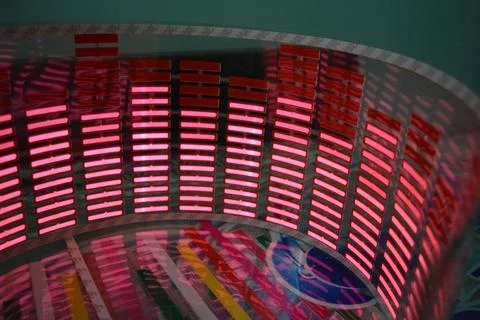 Red glowing plastic equalizer, electronics glowing to the music. 스톡 사진