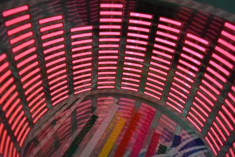 Red glowing plastic equalizer, electronics glowing to the music. 스톡 사진