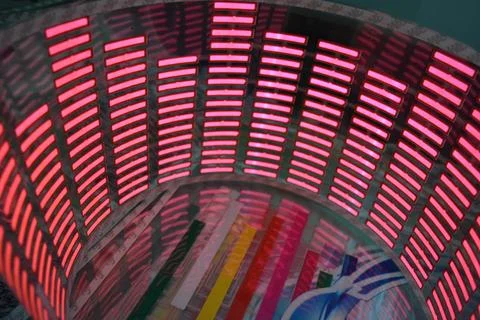 Red glowing plastic equalizer, electronics glowing to the music. 스톡 사진