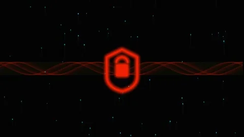 Red glowing security shield icon with padlock moving on dark digital wave b.. Stock Footage 342278982