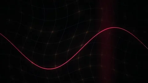 Red Glowing Sine Wave Frequency Moving Across a Dark Distorted Grid Stock Footage 343761492