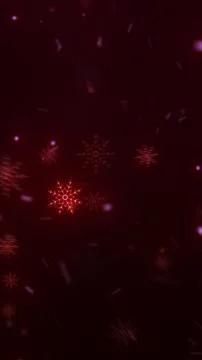 Red glowing snowflakes falling in dark background, festive abstract winter .. Stock Illustration