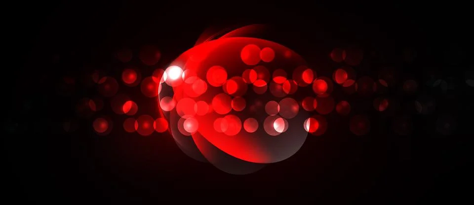Red glowing sphere dominates dark background. Numerous small lights surround Stock Illustration