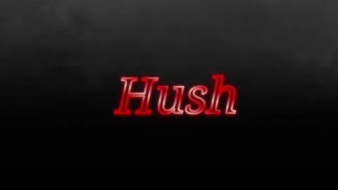 Red glowing text animation revealing the word hush against a dark smoky Video stock 343818346