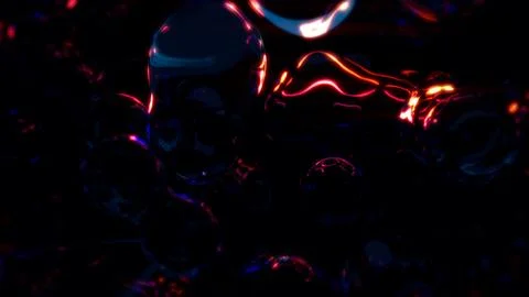 Red glowing translucent liquid meta spheres on black backdrop Illustrazione stock