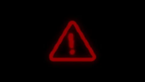 Red glowing warning sign neon icon flashing in darkness digital alert symbo.. Stock Footage 345547910