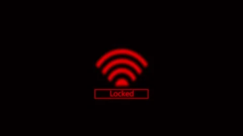 Red glowing wi-fi symbol with the word locked on black. Wi-fi symbol locked.. Stock Footage 337130786