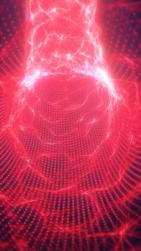 Red glowing wireframe humanoid figure with network lines and particles, sym.. Ilustração Stock