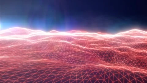 Red glowing wireframe wave terrain with polygon mesh and bright horizon glo.. 動画素材 333596766