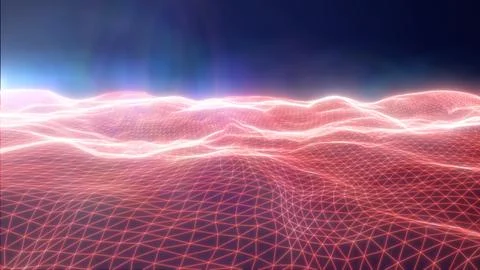 Red glowing wireframe wave terrain with polygon mesh and bright horizon glo.. Stock Illustration