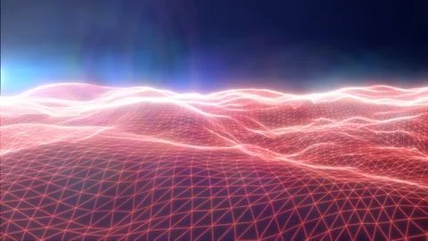 Red glowing wireframe wave terrain with polygon mesh and bright horizon glo.. 스톡 일러스트