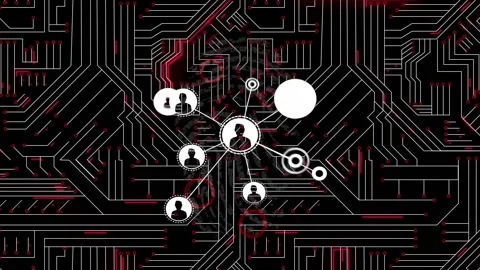 Red glows reaching central node starting connectors, linking user icons, showing 스톡 동영상 330003436