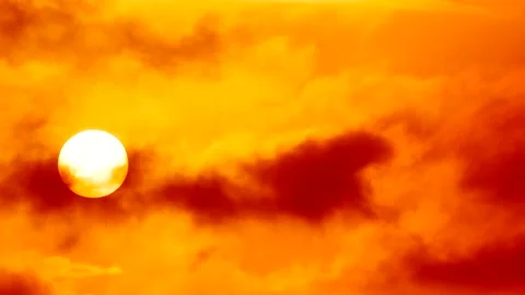 Red gold clouds, white sun, sunrise - sky background - Real Time - flying birds Stock Footage 152563764