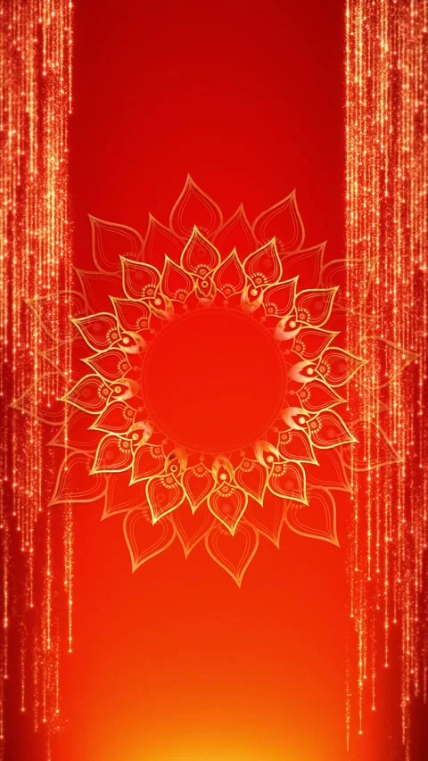 Red Gold Diwali Mandala Frame with Glitter Curtains and Copy Space Stock Footage 342634870