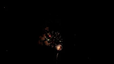 Red gold fireworks explode in the dark night sky Stock Footage 329673697