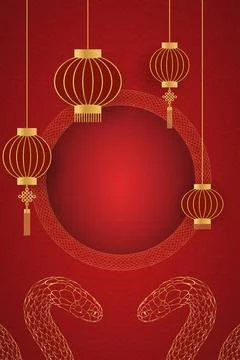 Red gold frame and lantern and snake and pattern on background Chinese New .. イラスト素材