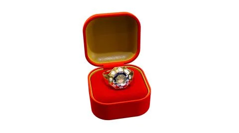 Red - golden opened bijouterie present box with diamond wedding ring on white 스톡 일러스트