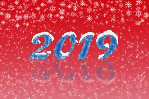 Red gradient background with number 2019, reflection and snow Stock Illustration