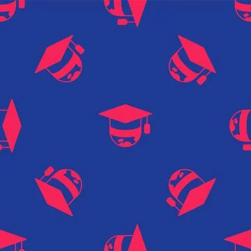 Red Graduation cap on globe icon isolated seamless pattern on blue background Stock Illustration