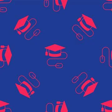Red Graduation cap with mouse icon isolated seamless pattern on blue background Stock Illustration