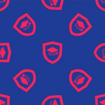 Red Graduation cap with shield icon isolated seamless pattern on blue background Stock Illustration