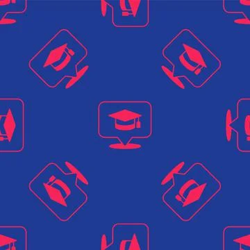 Red Graduation cap in speech bubble icon isolated seamless pattern on blue Stock Illustration