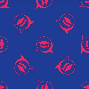 Red Graduation cap in speech bubble icon isolated seamless pattern on blue Illustrazione stock