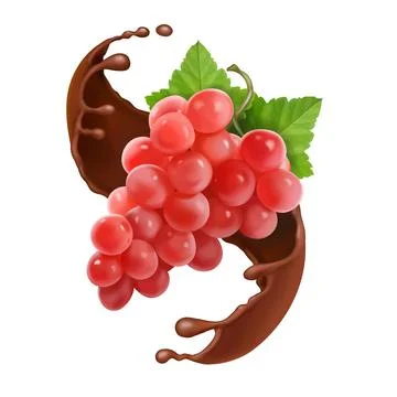 Red grape branch in chocolate splash. Rose grapes berries Vector 3d illustration Stock Illustration