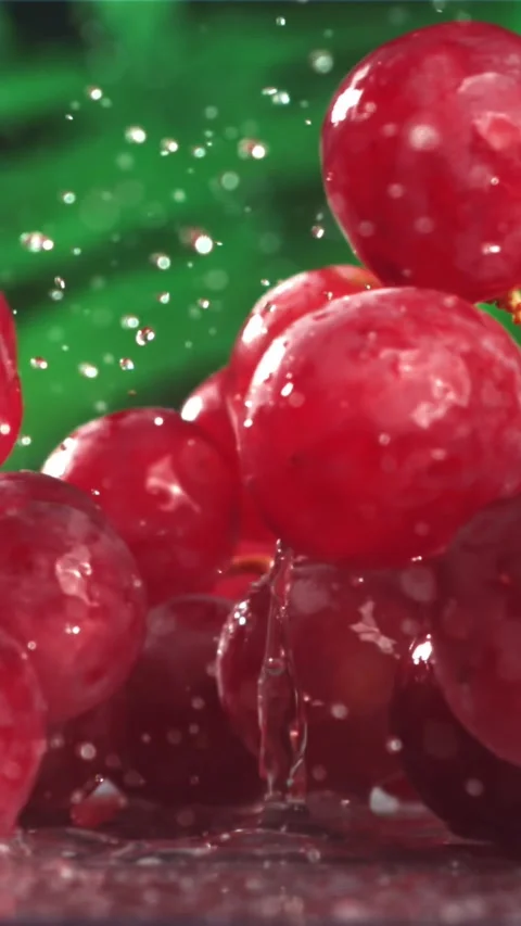 Red grapes fall with splashes on a wet table. Filmed on a high-speed camera at Stock Footage 335315392