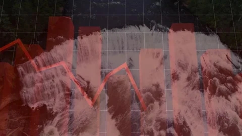 Red graph line and bar chart animation over waterfall background Stock Footage 305863472