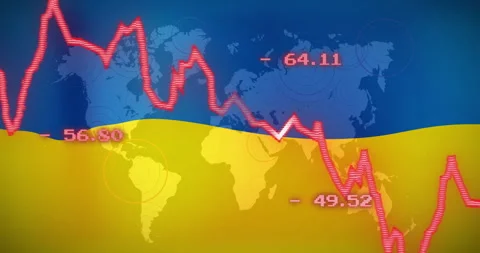 Red graph line and numbers animation over world map and Ukraine flag Stock Footage 306434260