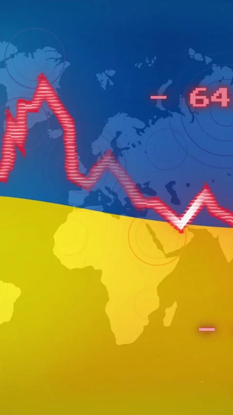 Red graph line and numbers animation over world map and Ukraine flag Stock Footage 343028541