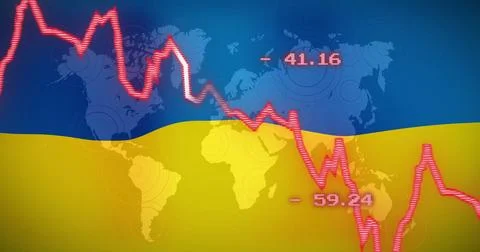 Red graph line and numbers image over world map and Ukraine flag Ilustração Stock