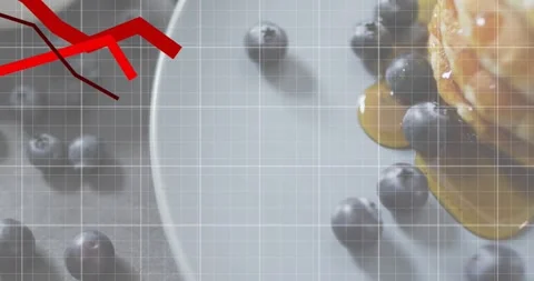 Red graph line tracing downward then rising toward pancake stack, representing 스톡 동영상 317792162
