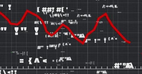 Red graph moving over grid lines against data processing on black background Illustrazione stock