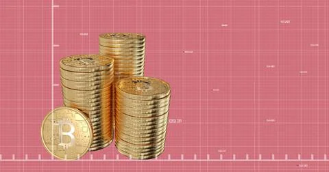 Red graph moving over stack of bitcoins against pink background. Stockillustratie