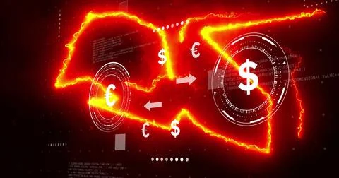 Red graphic displaying glowing map outlines and HUD in digital interface, with Fotos Stock