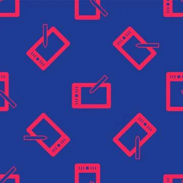 Red Graphic tablet icon isolated seamless pattern on blue background.  Vector Stock Illustration