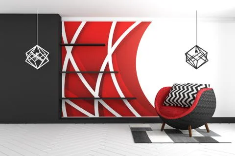 Red graphic wall background, with red armchair and carpet and lamps modern st Stock Illustration