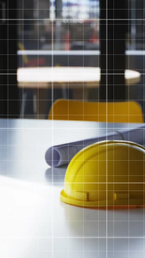 Red graphs data moving against safety helmet and blueprint on the table Stock Footage 324020719