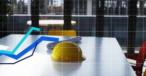 Red graphs data moving against safety helmet and blueprint on the table Illustrazione stock