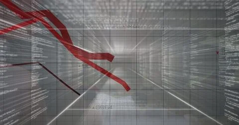 Red graphs moving over grid network against multiple screens with data Foto stock