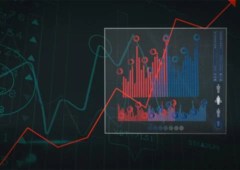 Red graphs over digital interface with data processing against black background Stock Illustration