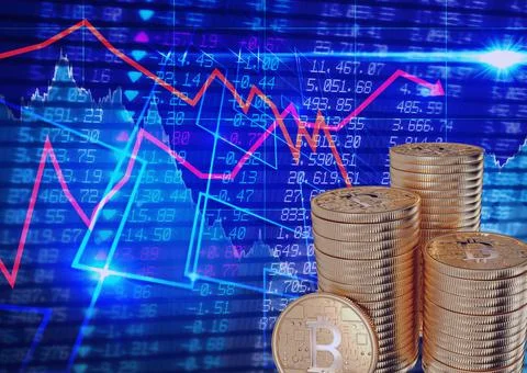 Red graphs over stack of gold coins against stock market data processing on blue Foto stock