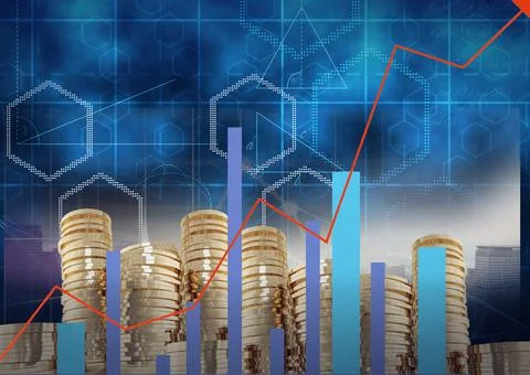 Red graphs over statistical data processing against stack of gold coins Foto stock