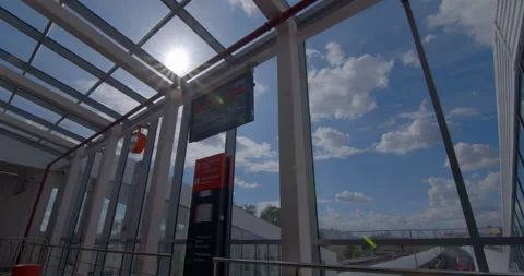 Red-gray train arrivals from the ground metro station. Top transition view Stock Footage 119638625