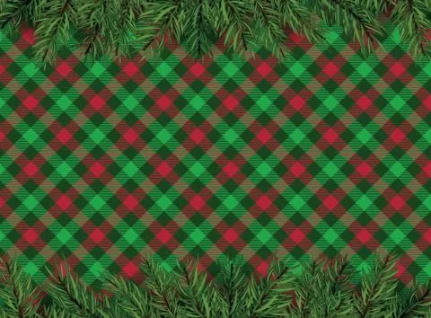 Red, green checkered pattern background with Christmas tree decoration Stock Illustration